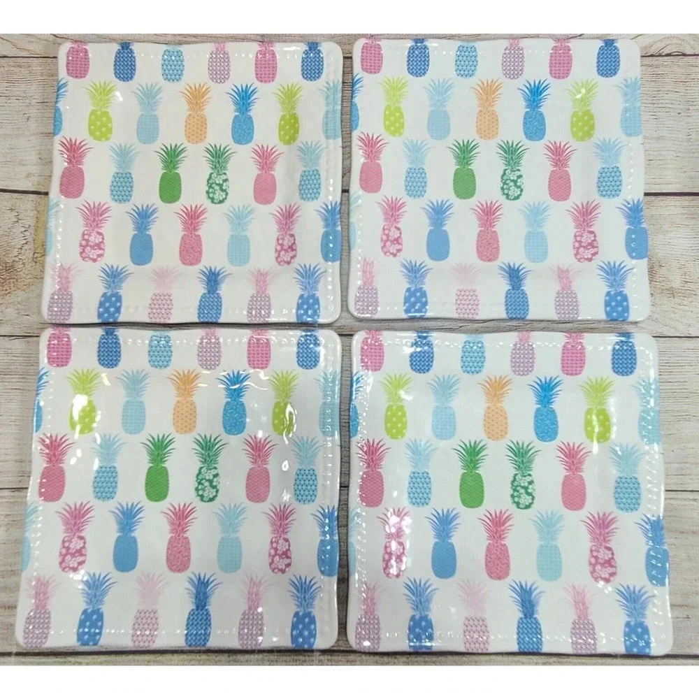 Cynthia Rowley New York Melamine Plates Set Of 4 Square Pineapples Pink Blue